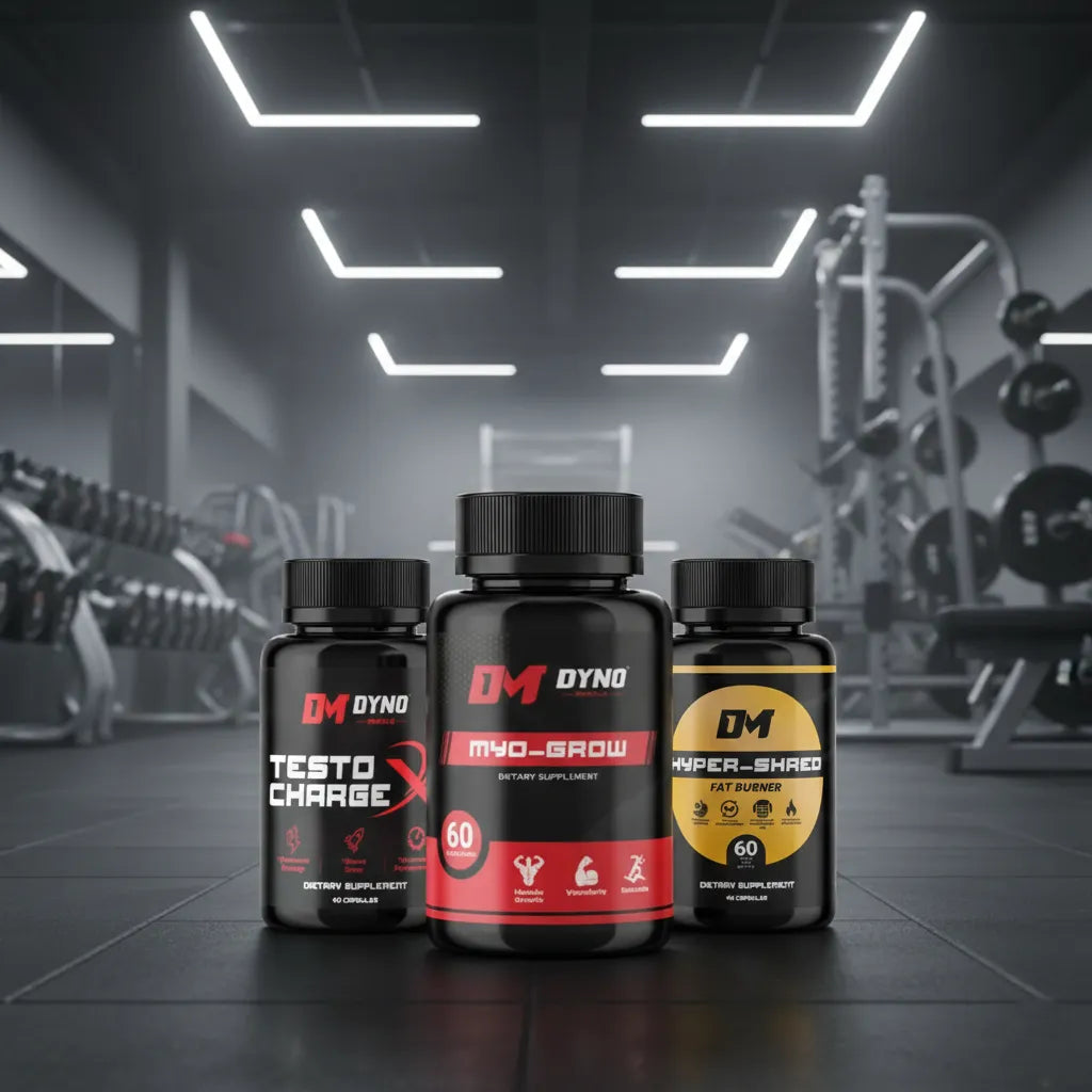 A professional studio shot of the Dyno-Muscle supplement line, featuring three black bottles labeled 'TESTO CHARGE,' 'MYO-GROW' (a dietary supplement for muscle growth), and 'HYPER-SHRED FAT BURNER.' The bottles are positioned on a dark gym floor with weights and fitness equipment visible in the blurred background under striking white lights.