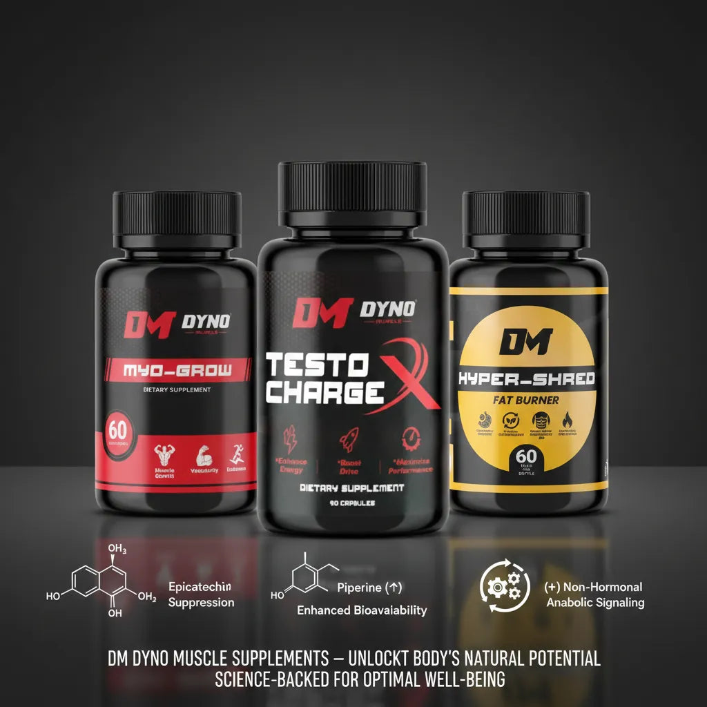 Three DM Dyno-Muscle supplement bottles displayed on a dark background: Myo-Grow (for muscle development), Testo Charge X (for performance and energy), and Hyper-Shred (fat burner). Chemical structures illustrating Epicatechin and Piperine bioavailabilty are shown below the products.