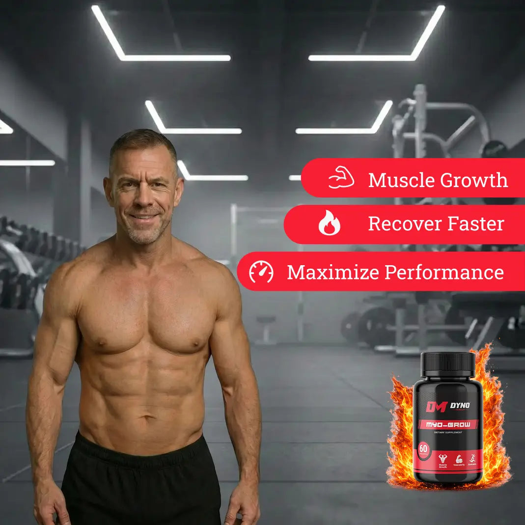 Three DM Dyno-Muscle supplement bottles displayed on a dark background: Myo-Grow (for muscle development), Testo Charge X (for performance and energy), and Hyper-Shred (fat burner). Chemical structures illustrating Epicatechin and Piperine bioavailabilty are shown below the products.