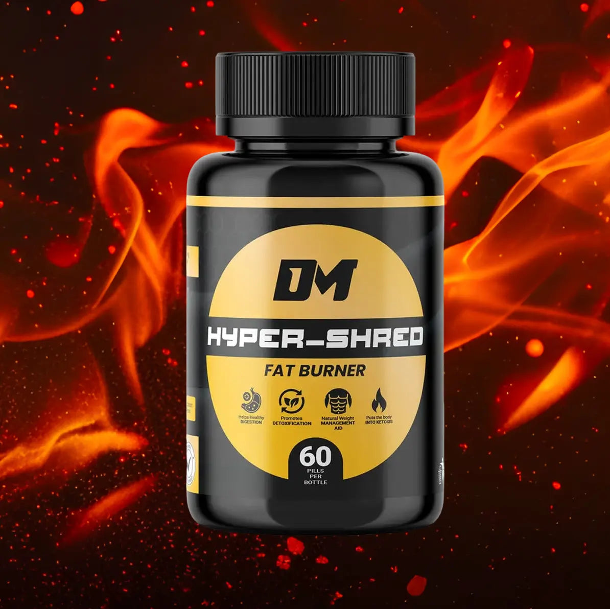 A product image of the Dyno-Muscle (DM) HYPER-SHRED FAT BURNER supplement bottle. The black and gold label specifies 60 pills and lists benefits such as detoxification, healthy digestion, and natural weight management aid.