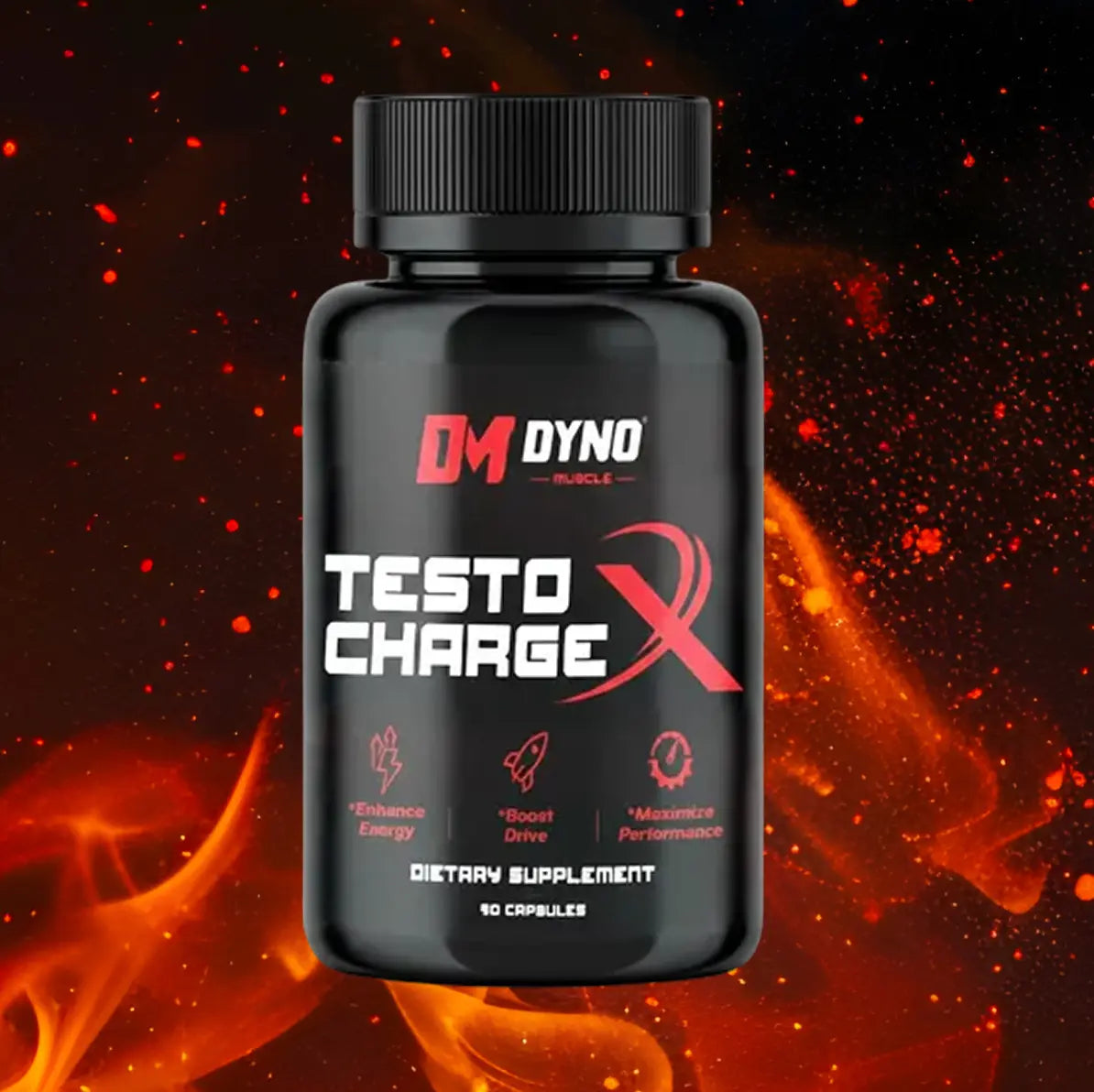 Professional product shot of the black Dyno-Muscle Testo Charge X Dietary Supplement bottle, highlighting key benefits including enhanced energy and maximized performance in 90 capsules.
