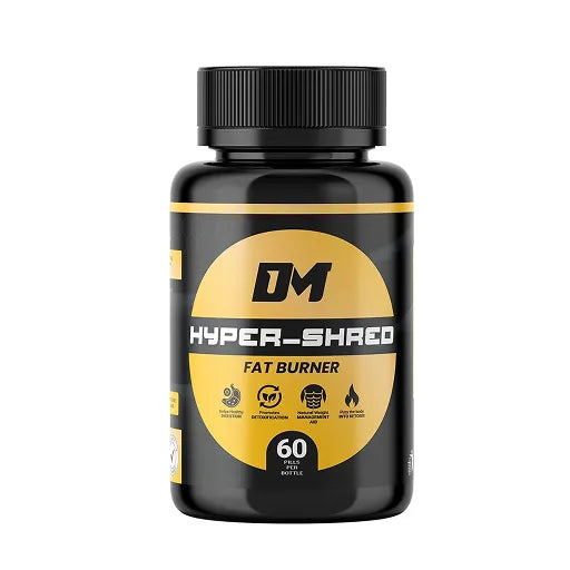 A product image of the Dyno-Muscle (DM) HYPER-SHRED FAT BURNER supplement bottle. The black and gold label specifies 60 pills and lists benefits such as detoxification, healthy digestion, and natural weight management aid.