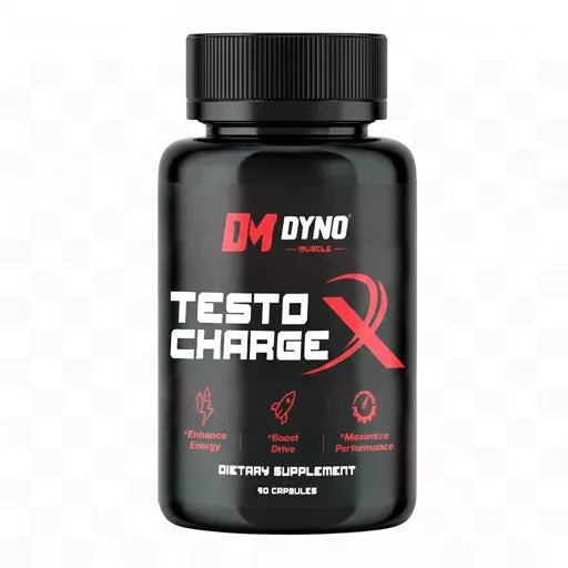 Professional product shot of the black Dyno-Muscle Testo Charge X Dietary Supplement bottle, highlighting key benefits including enhanced energy and maximized performance in 90 capsules.