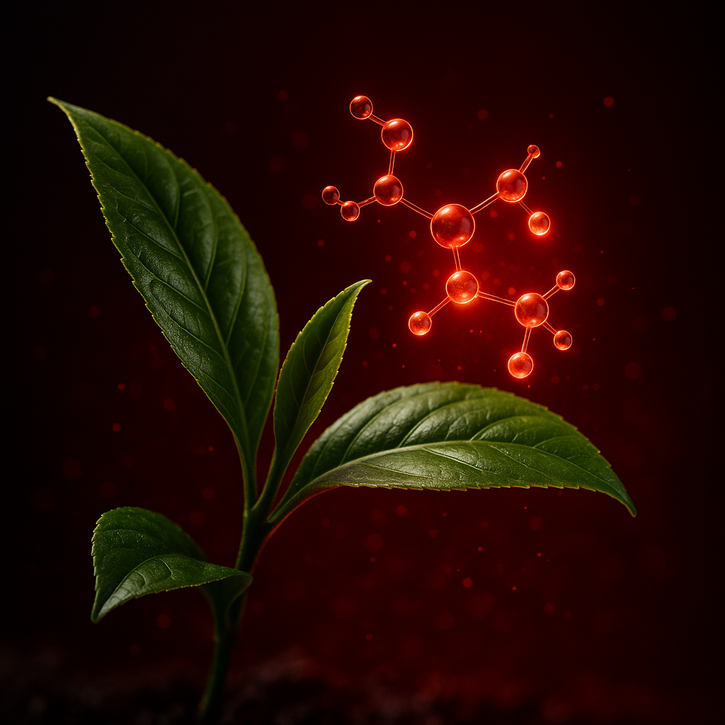 Green tea leaves with glowing red molecular structure illustrating epicatechin, a natural compound that supports myostatin suppression and muscle growth.