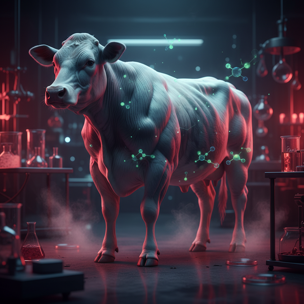 Belgian Blue Cow with extreme muscle definition in a red-lit science lab, symbolizing the discovery that inspired modern muscle growth supplements.