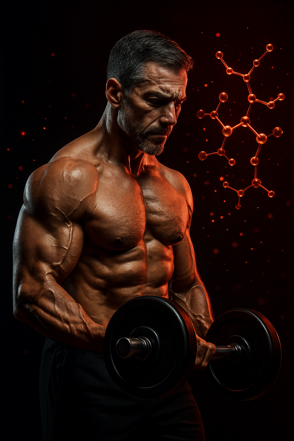 Middle-aged muscular man lifting weights surrounded by glowing red molecular visuals representing myostatin inhibition and muscle growth supplements.